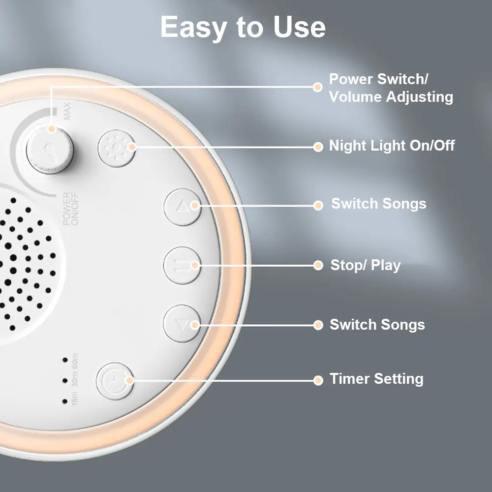 Desktop White Noise Machine Mini Baby Sleep Machine Built-in Night Light 16 Soothing Sounds 15/30/60min Timer with Lanyard USB C