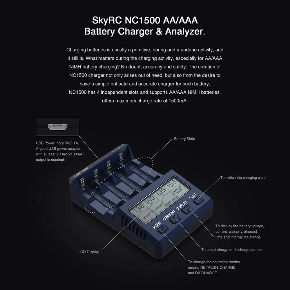 SKYRC NC1500 4-Slot Smart Battery Charger Discharger & Analyzer for AA/AAA Ni-MH Battery