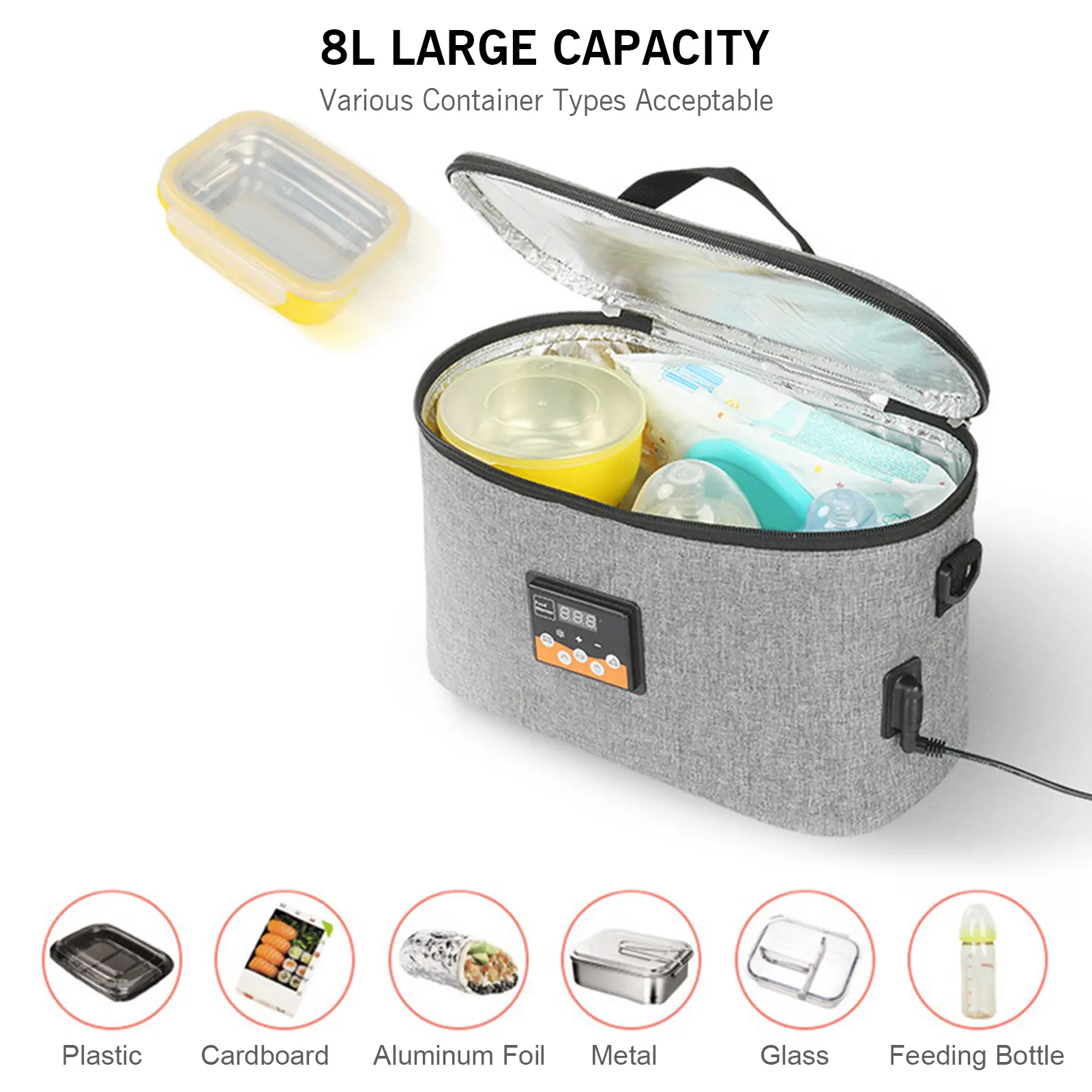 8L Baby Food Heater Portable Digital Baby Bottle Warmer Oven 12V Car Food Warmer Car Heating Lunch Box with Temperature Preset