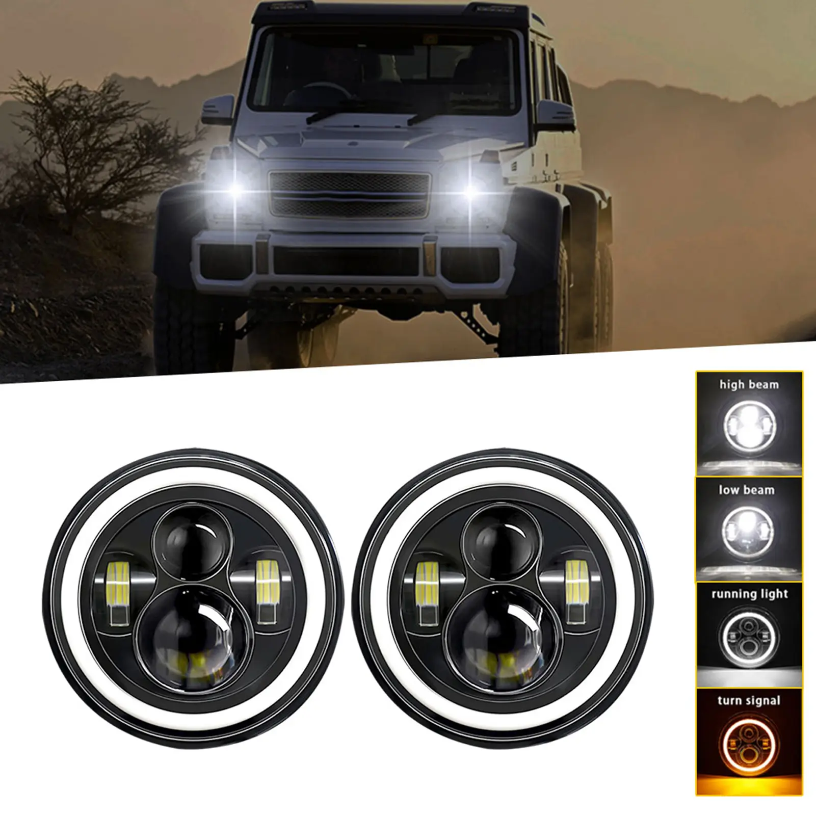 7 inch Car Motorcycle LED Headlight with DRL/Turn Signal/Low Beam/High Beam 7'' Round Headlight 6000K 140W IP67 Waterproof