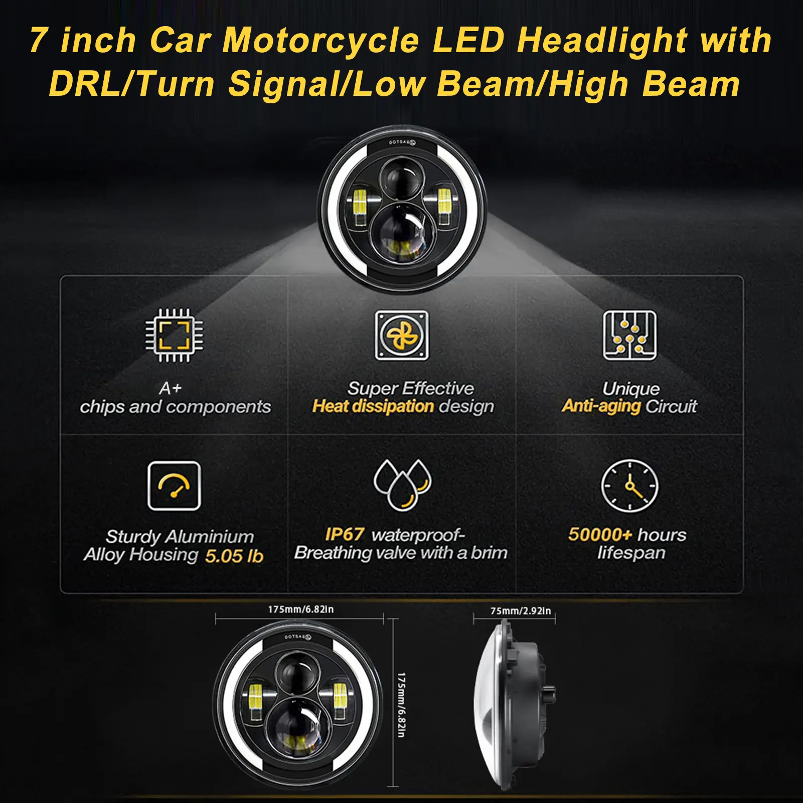 7 inch Car Motorcycle LED Headlight with DRL/Turn Signal/Low Beam/High Beam 7'' Round Headlight 6000K 140W IP67 Waterproof