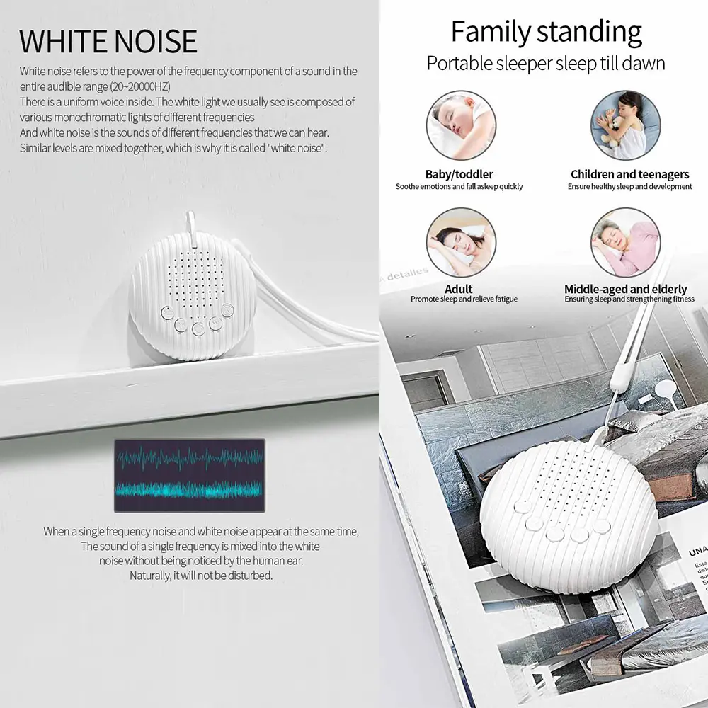 Portable Baby Sleep Machine White Noise Sound Machine 10 Soothing Sounds 15/30/60min Timer Volume Adjustable Built-in Rechargea