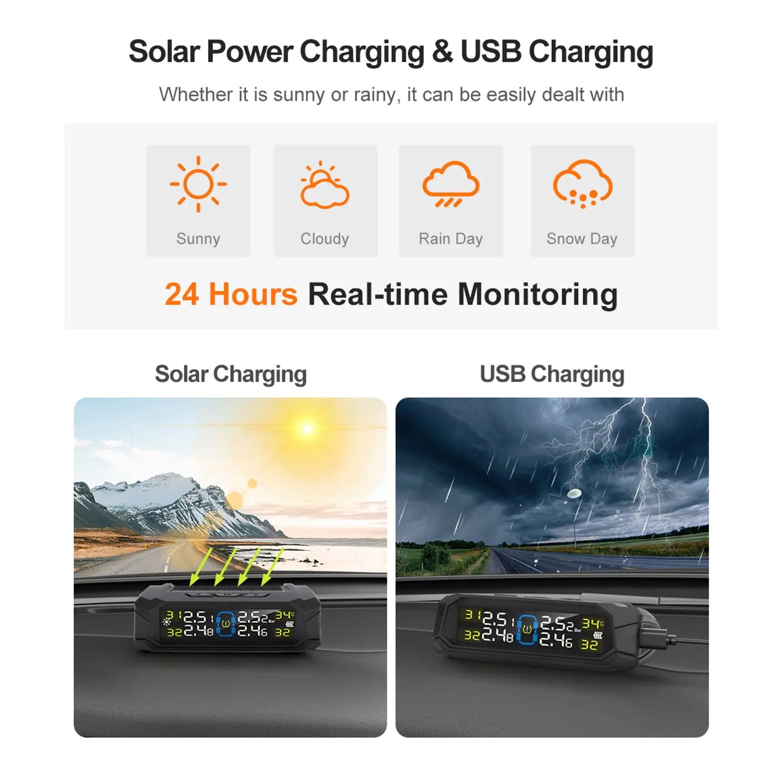 Tire Pressure Monitoring System, Wireless Solar Tire Pressure Monitor System with LCD Display, 6 Alarm Modes & 4 Internal Sensor