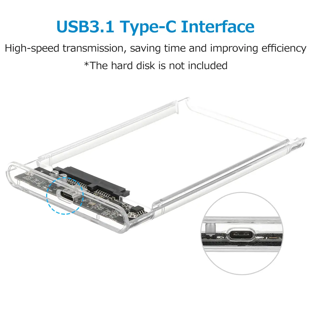 2.5 inch Hard Disk Case Type-C Transparent HDD Enclosure High-speed Transmission Easy Installation for 2.5 inch SATA HDD/SSD