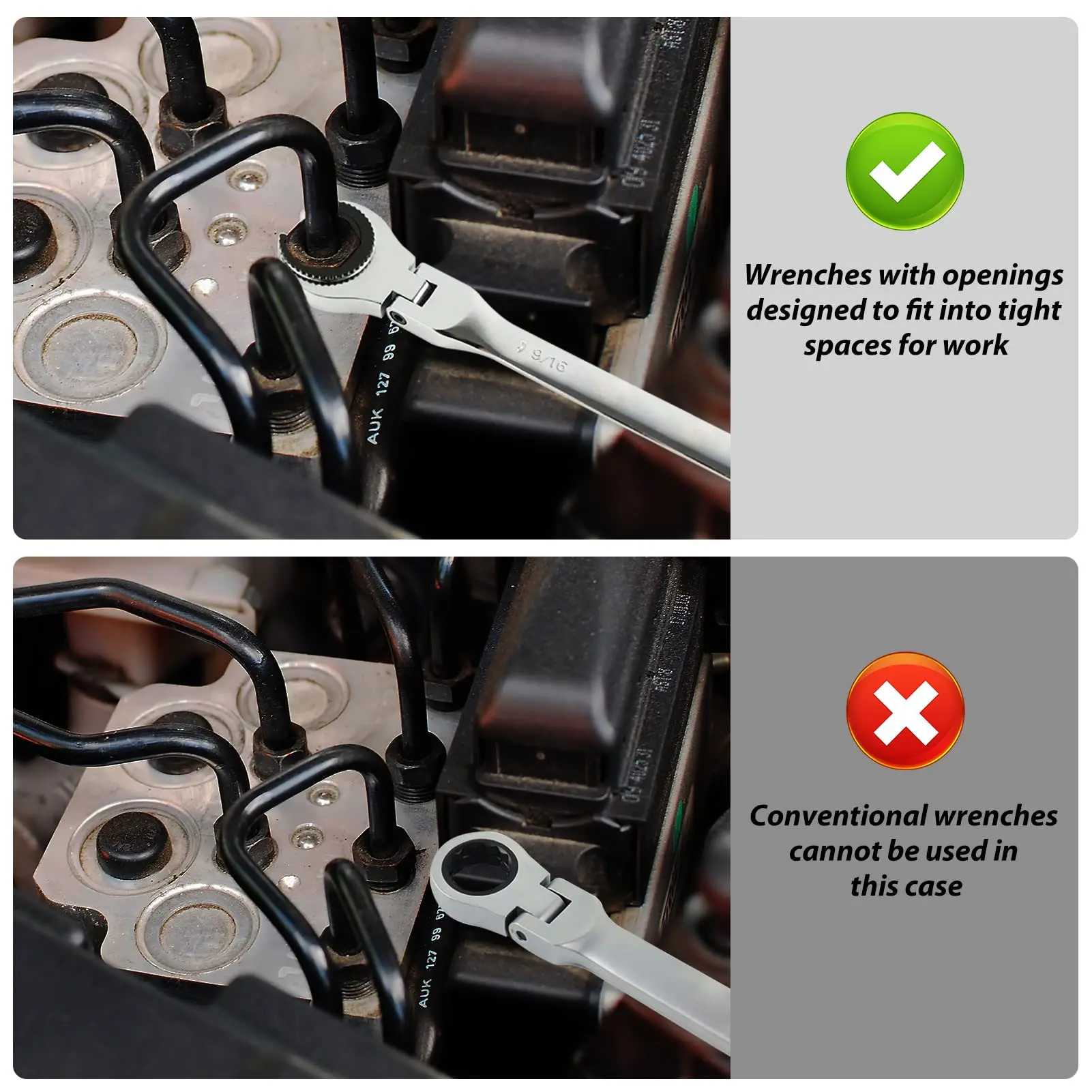 8mm Open Flexible Head Ratcheting Wrench CR V Steel Ratcheting Spanner with 72 Teeth 180 ° Adjustable Angle Open End Spanner