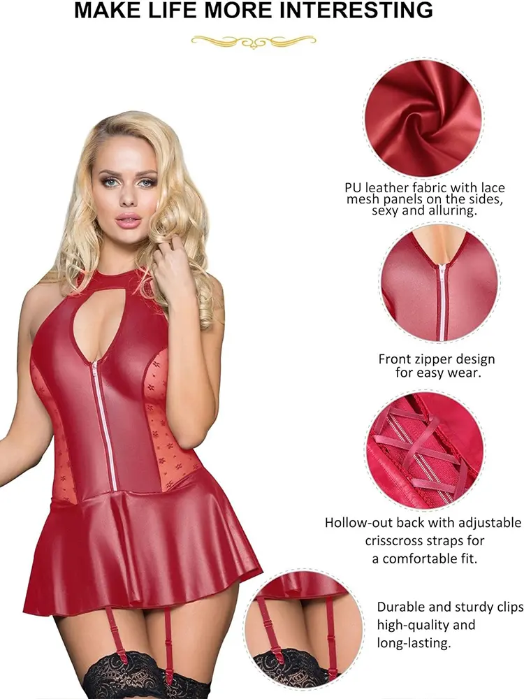 Leather Maid Dress Outfit See Through Club Stage Dancewear Open Chest Hollow Anal Halloween Cosplay Babydoll Bunny Nightwear