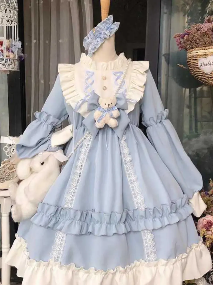 Blue White Fashion Lolita Costumes Sweetheart Cute Dress Romantic Honeymoon Apparel Cosplay Anime Outfit Role Playing Garment