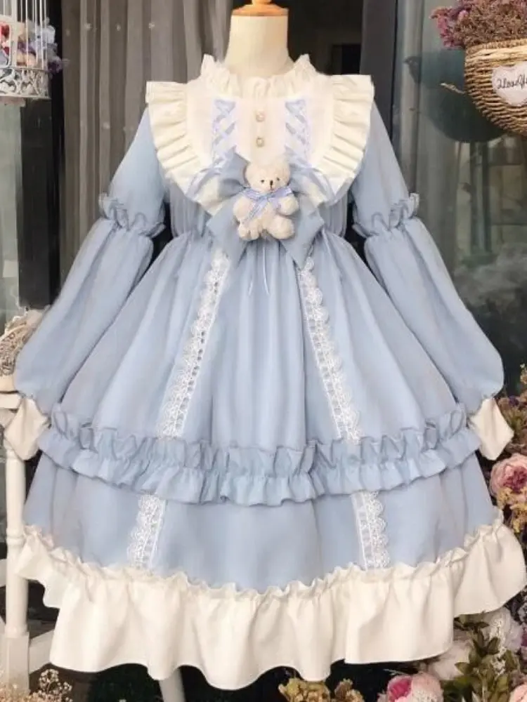 Blue White Fashion Lolita Costumes Sweetheart Cute Dress Romantic Honeymoon Apparel Cosplay Anime Outfit Role Playing Garment