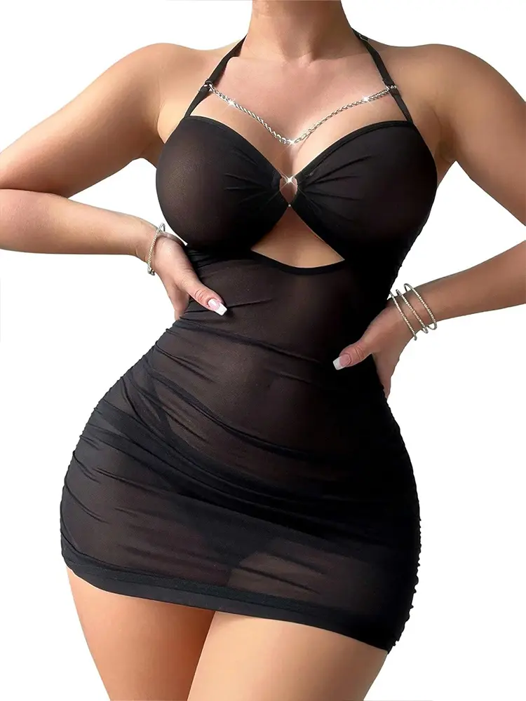 Hot Sexy Club Lingerie See Through Mesh Dress Ring Chain Halter Bodycon Mini Dress with G-String Babydoll Chemise Exotic Apparel