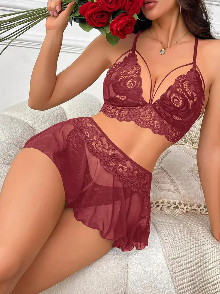Hot Sexy Lingerie Female Lace Underwear Women's Gathered Slimming Home Clothes Three-piece Set Nightgown Set Open Anal Sleepwear