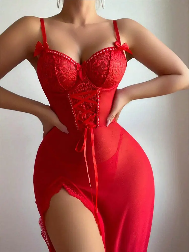 Hot Sexy Lingerie Sexy Babydoll Mesh Slit Long Skirt Split Style Romantic Suit Women's Pajamas Long Dress Transparent Nightgowns