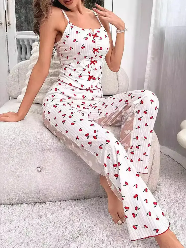 Sexy Lingerie Half Transparent Letter Love Cheery Print Women Pajama Set Button VCut Neck Top Full-Length Pants Female Sleepwear