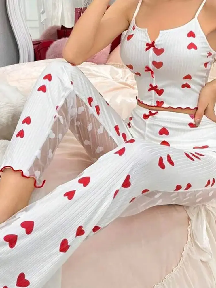 Sexy Lingerie Half Transparent Letter Love Cheery Print Women Pajama Set Button VCut Neck Top Full-Length Pants Female Sleepwear