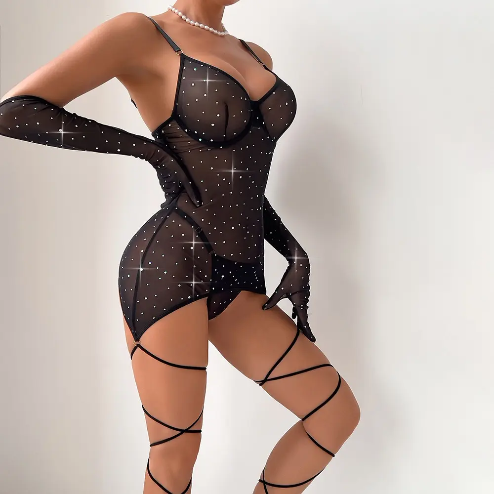 Nightclub Stage Shine Rhinestone Bodycon Nighties Hot Sexy Lingerie Sets Transparent Mesh Bandage V-Neck Long Sleeve Baby Dolls