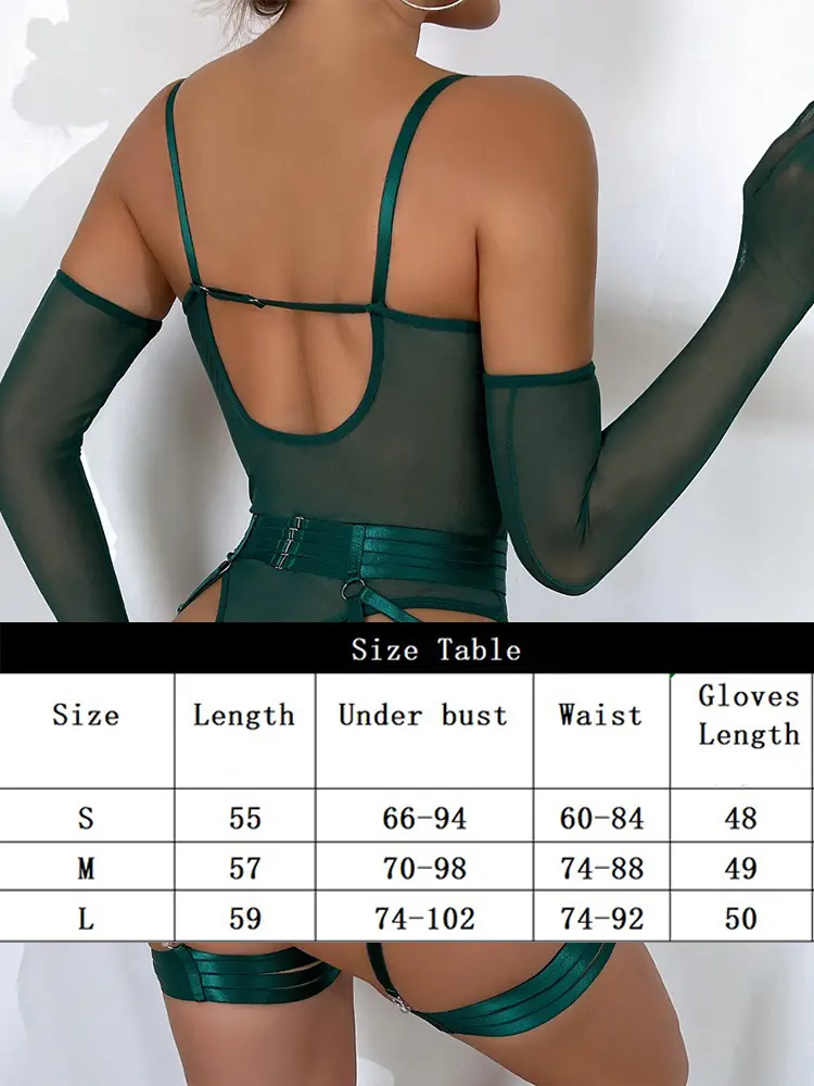 Tight Lingerie Lace Bodysuit Sexy See Through Erotic Bodysuit with Gloves Garter Night Clubwear Outfit Sissy Open Anal Mesh Top