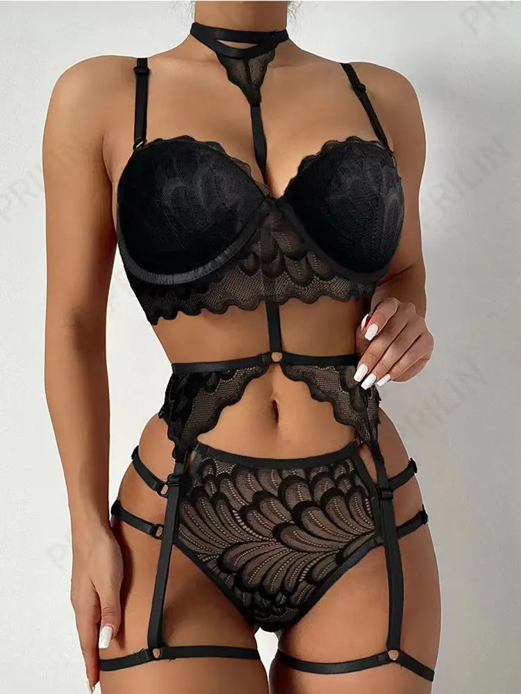 Hot Sexy Lingerie Set for Women Lace Mesh See Through Hollow Anal Bra Garters Thong  Push Up Bra Female Erotic Costume Underwear