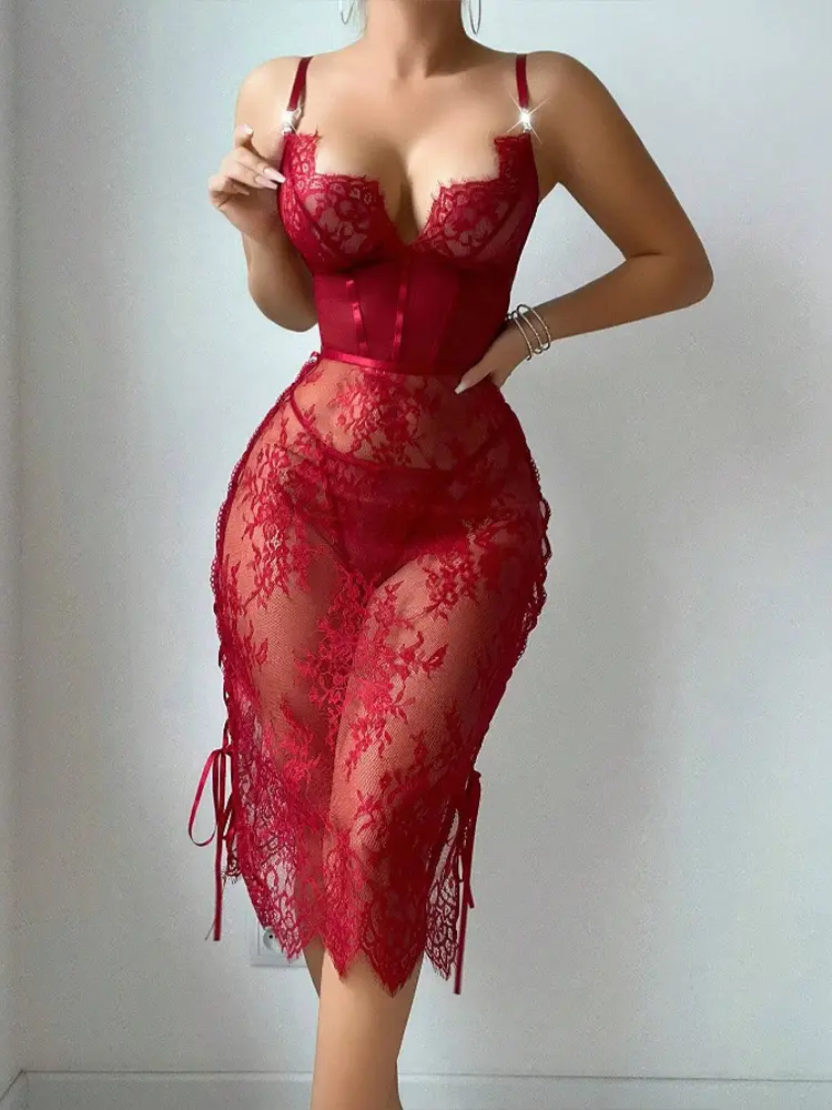 Sexy Pure Desire Lace Mesh Deep V Backless Chemise Fun Strap on Bralette Garter Belt Set Chinese New Year Special Offer