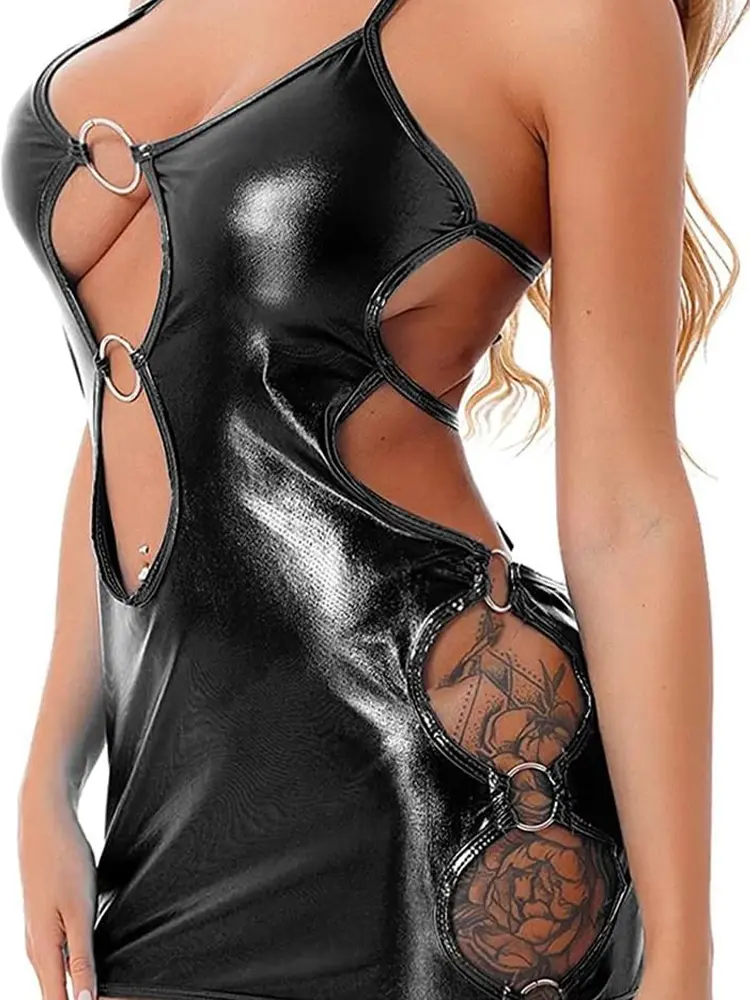 Sexy Women's PU Patent Leather Hollow Tight Fitting Erotic Dress Elegant V Neck Hot Bodysuit See Through Women Mini Tank Tops