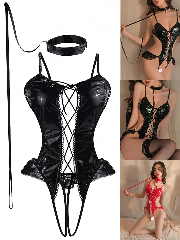 Hot Sexy Leather Lingerie Outfit Fishnet Bra Open Anal Underwear Push Up Hollow Breast Exposed Teddies Demon Cosplay Costumes