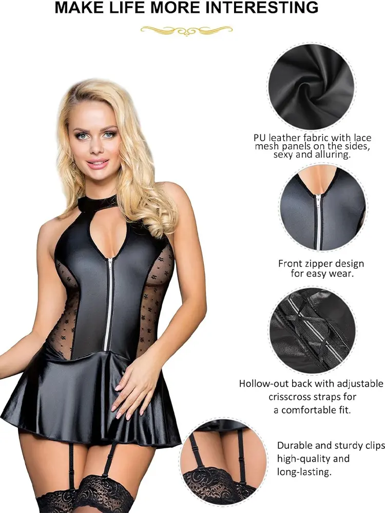 Plus Size Exotic Dresses Women Naughty Open Anal Leather Maid Dress Role Play Stage Clubwear See Through Hot Sleepwear