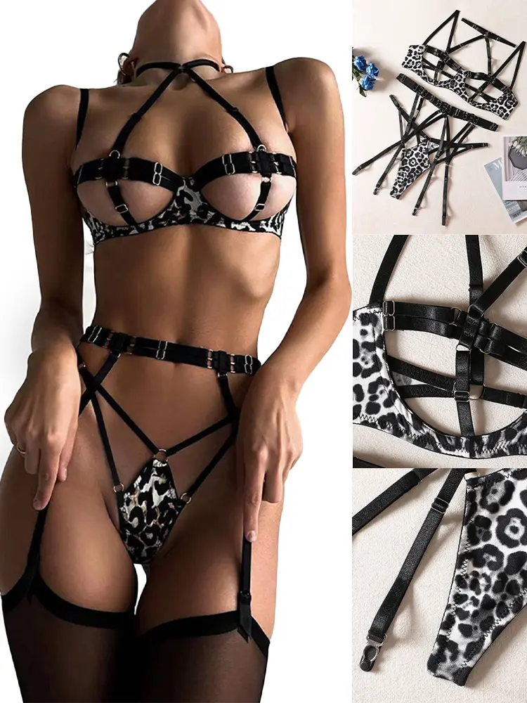 Hot Sexy Leather Lingerie Outfit Fishnet Bra Open Anal Underwear Push Up Hollow Breast Exposed Teddies Demon Cosplay Costumes