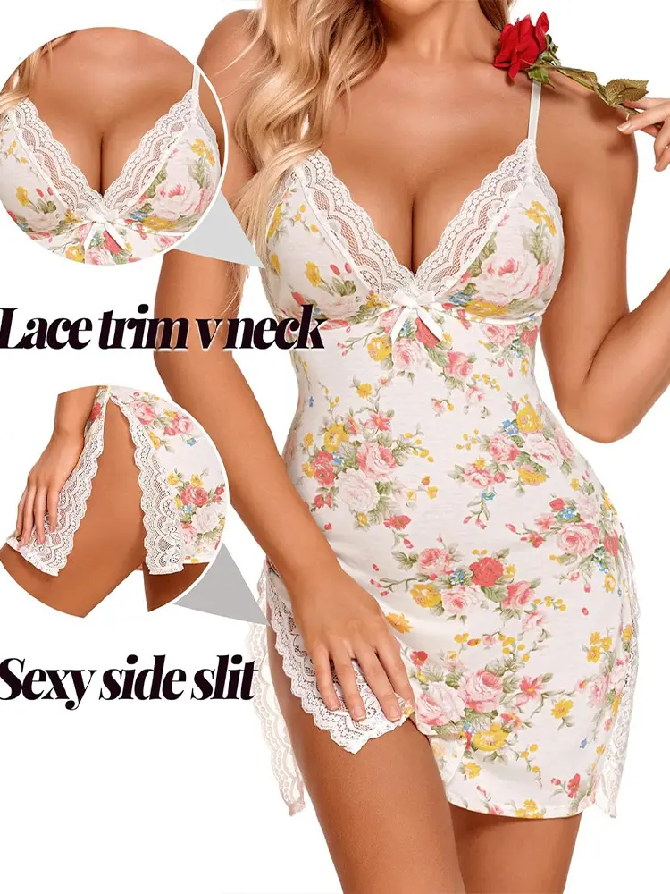 Open Anal Sexy Lingerie Hot Female Lace Satin Nightdress Deep V Backless Lace Up Split Slip Sleep Dress Women's Sleepwear