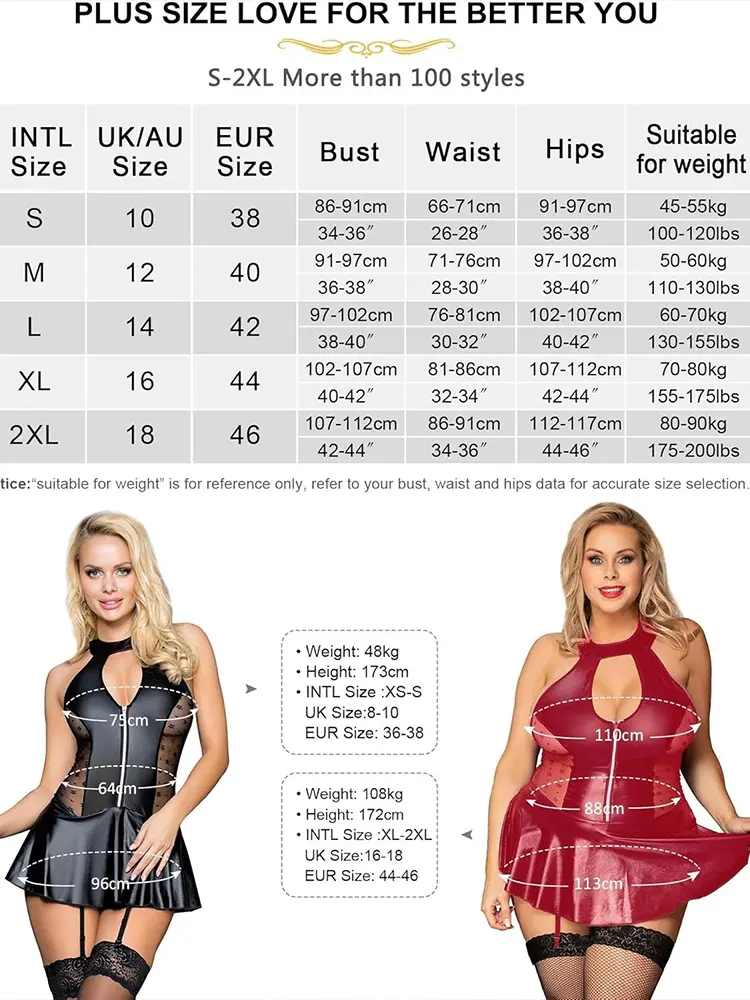 Plus Size Exotic Dresses Women Naughty Open Anal Leather Maid Dress Role Play Stage Clubwear See Through Hot Sleepwear