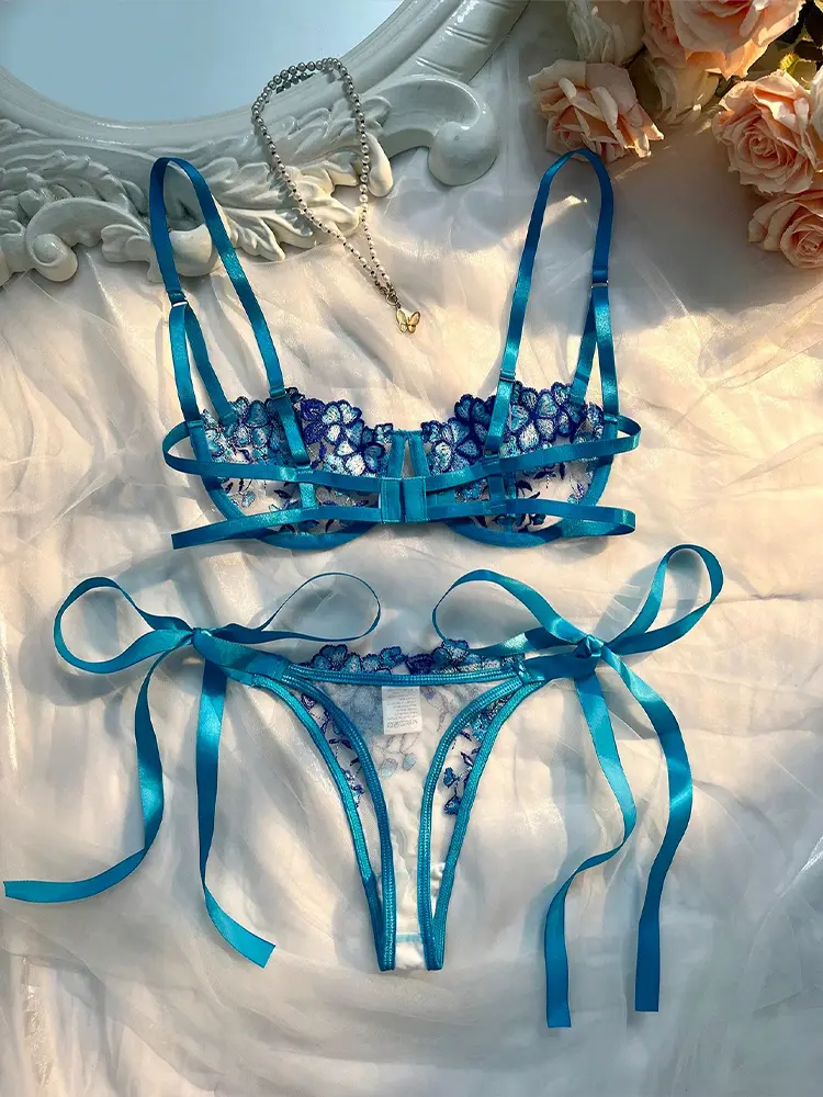 Lady Floral Embroidery Lingerie See Through Exotic Sets Women Open Anal Sheer Bra and Brief Underwear Sexy Intimates Underwear