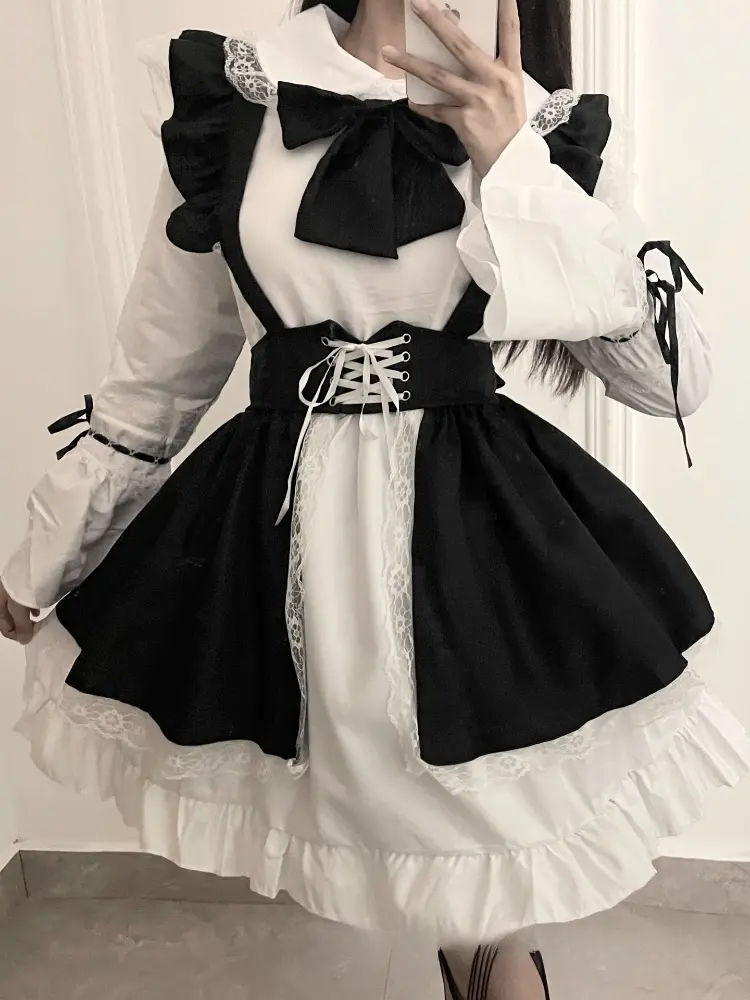 Women Maid Outfit Lolita Cosplay Cute Sexy Erotic Kawaii Cafe Costume Black White Men Uniform Apron Dress Cute Bowknot Mucama