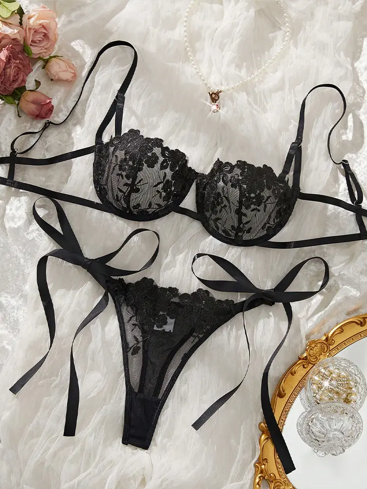 Lady Floral Embroidery Lingerie See Through Exotic Sets Women Open Anal Sheer Bra and Brief Underwear Sexy Intimates Underwear