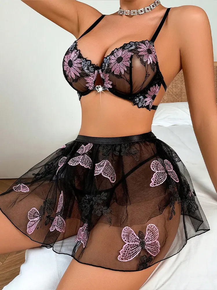 2Pcs Lace Sensual Lingerie Set Embroidery Floral Bra for Women Underwear Hot Erotic Costumes See Through Bra and Dress Sets