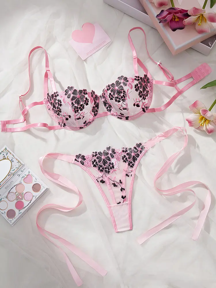 Lady Floral Embroidery Lingerie See Through Exotic Sets Women Open Anal Sheer Bra and Brief Underwear Sexy Intimates Underwear