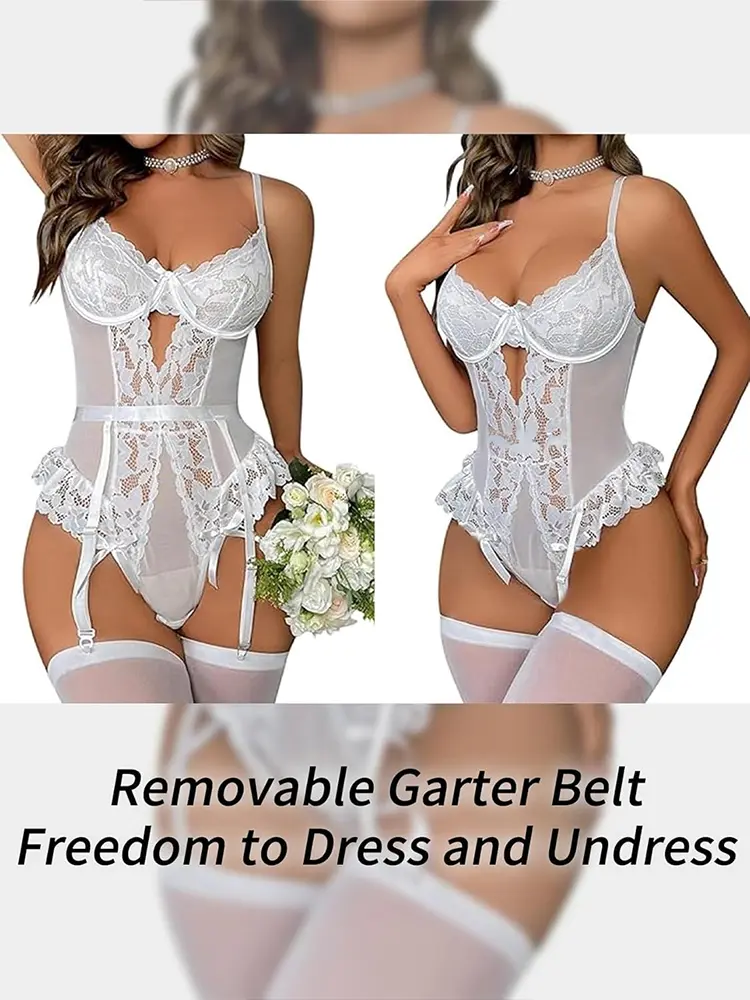 Lace Sexy Lingerie with Stockings Women Plus Exotic Underwear Teddies Babydoll Hot Bodysuit Floral Transparent Erotic Costumes