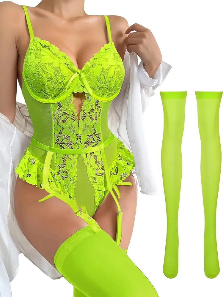 Lace Sexy Lingerie with Stockings Women Plus Exotic Underwear Teddies Babydoll Hot Bodysuit Floral Transparent Erotic Costumes