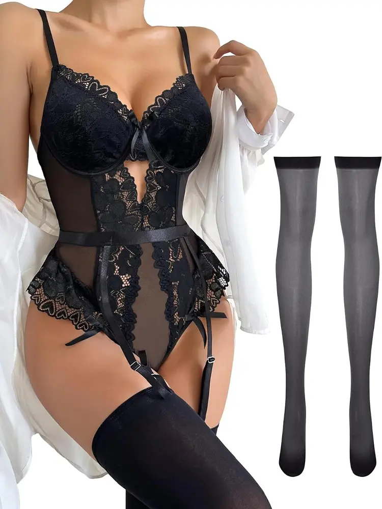 Lace Sexy Lingerie with Stockings Women Plus Exotic Underwear Teddies Babydoll Hot Bodysuit Floral Transparent Erotic Costumes