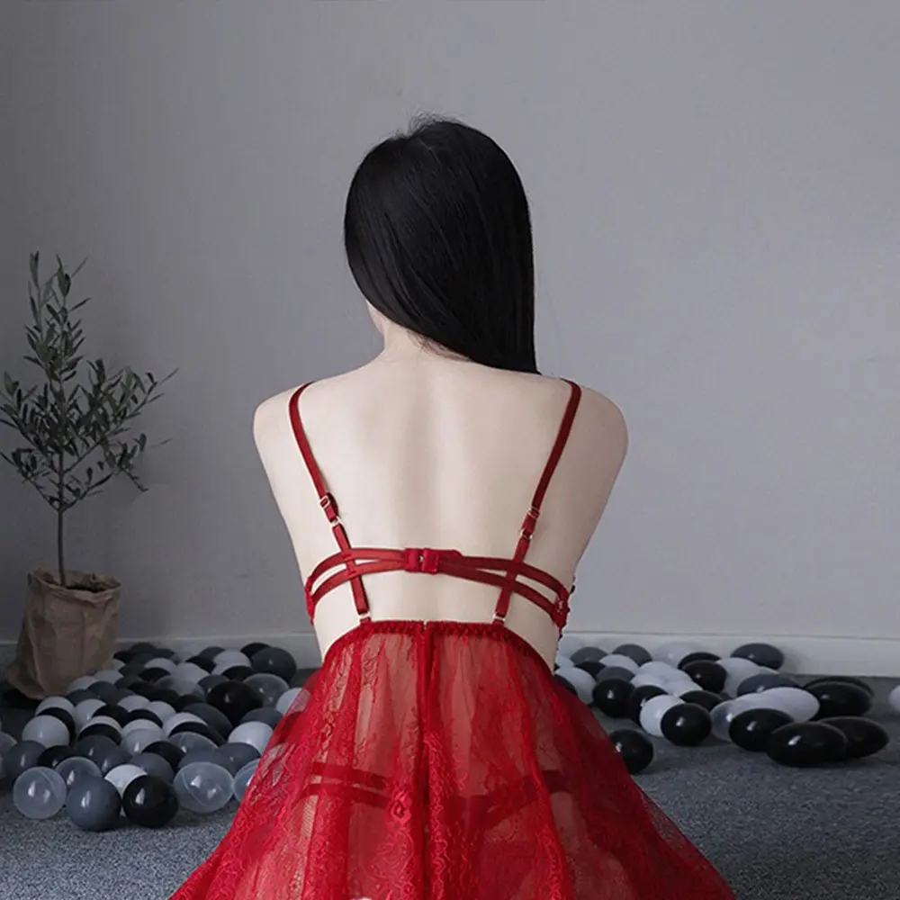 Sexy Lace Hollow Out Strap Transparent Netting Underwear Women's Tempting Short Skirt Onesie Exposing Nipple Passionate Sleep Dr