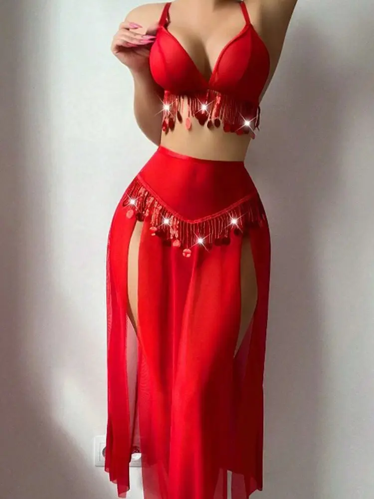 Valentine Sexy Lingerie Red Party Dress Outfit Sexy Beaded Decor Accessories Hot Ensemble Babydoll Honeymoon Lady Fancy Girl Set