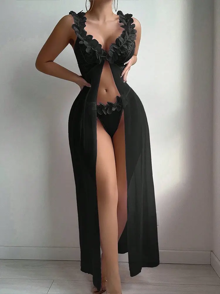 Hot Erotic Lingerie Onlyfans Long Dress Deep-V Neck See Through Lace Night Dress Women Pink Very Sexy Nightwear Nighty Custumes