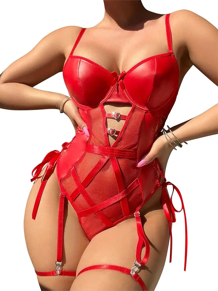 Toucheart Sexy Leather Lace Paneled See Through Erotic Pajamas Open Anal Bodysuit Mesh Lace Up Sleeveless Exotic Outfit Lingerie