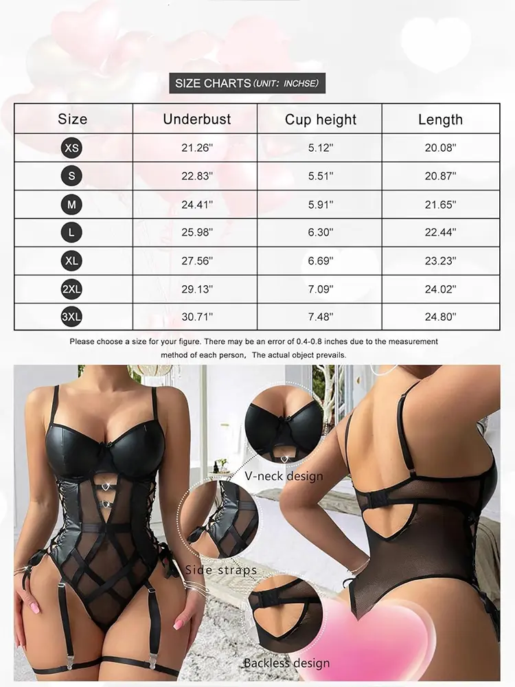 Toucheart Sexy Leather Lace Paneled See Through Erotic Pajamas Open Anal Bodysuit Mesh Lace Up Sleeveless Exotic Outfit Lingerie