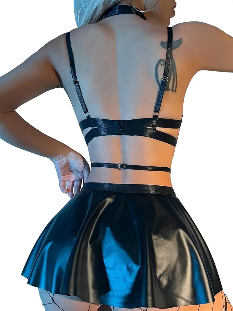 Leather Lace Sexy Lingerie Hollow Bra Underwear Open Anal Hot Exotic Apparel Sets Onlyfans Bandage Costumes Role Play Clubwear