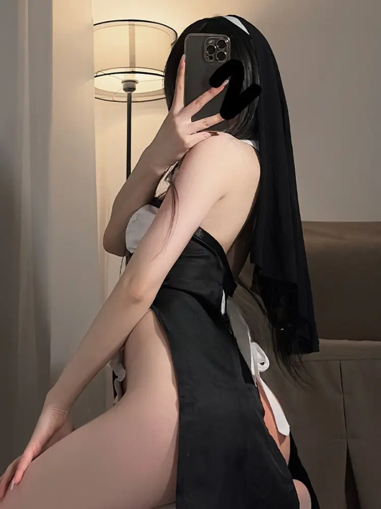 Cos Anime Nun Lingerie Hot Sexy Cross Strapless Nightdress Women Hight Slit Open Chest Uniform Crotchless Lolita Vintage Pajamas