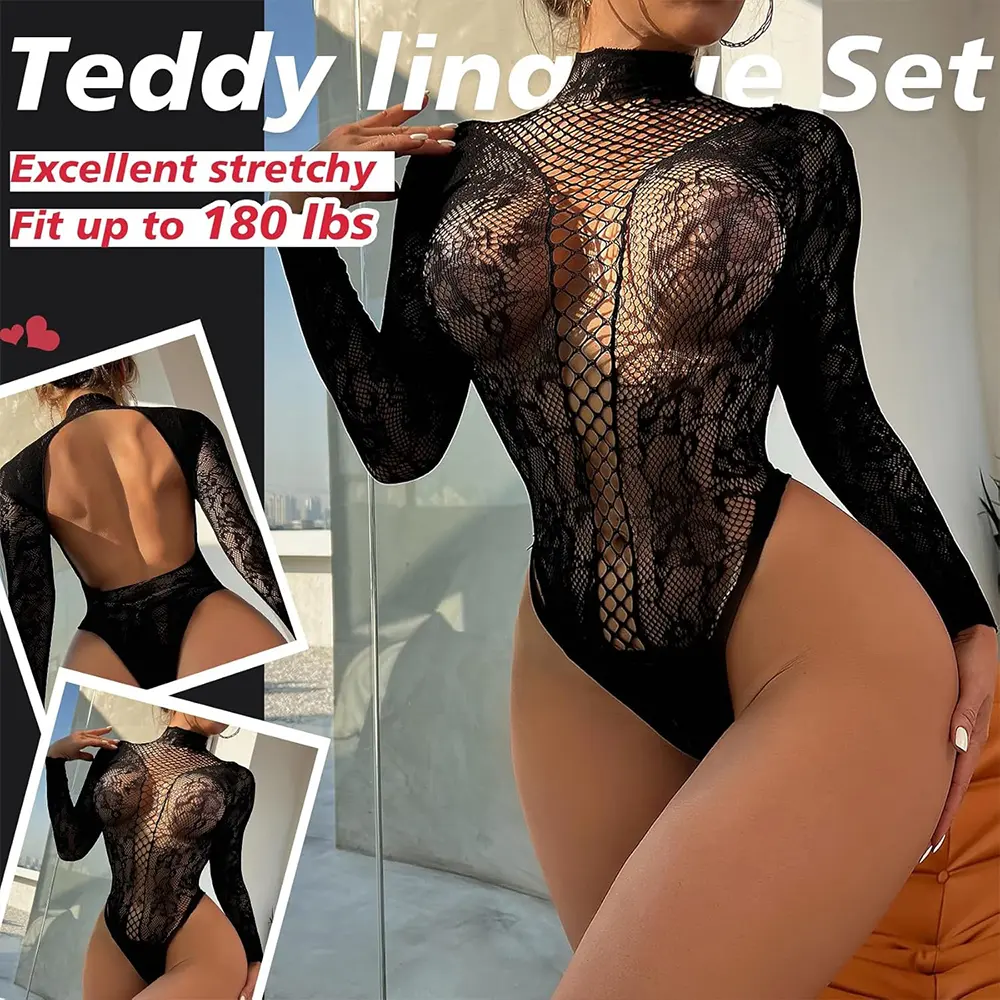Open Back Lace Sheer Long Sleeve Bodysuit Summer Sunscreen Breathable Tops Siamese Fishnet T-shirt Bodystockings Women Tights