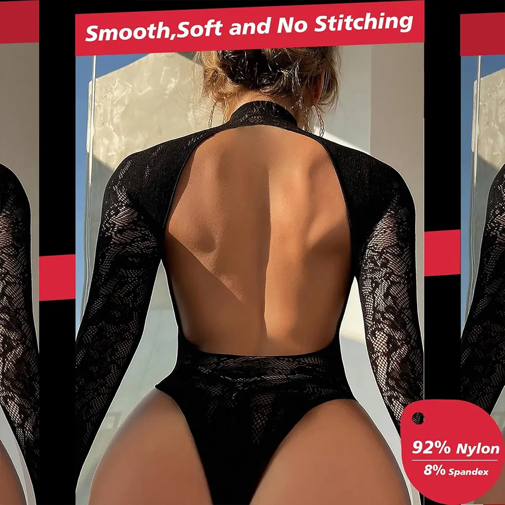 Open Back Lace Sheer Long Sleeve Bodysuit Summer Sunscreen Breathable Tops Siamese Fishnet T-shirt Bodystockings Women Tights