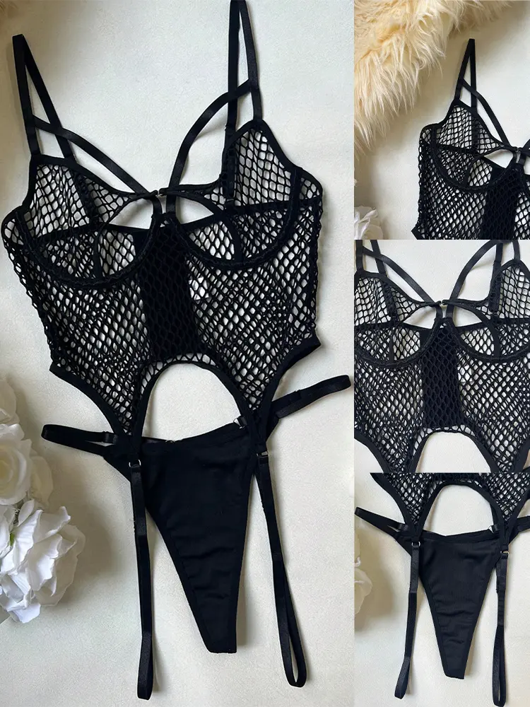 Fishnet Hot Sexy Lingerie Female Ultra Exotic Crotchless Daring Erotic Costume Mesh Transparent Bra Honeymoon Outfits Uncensored