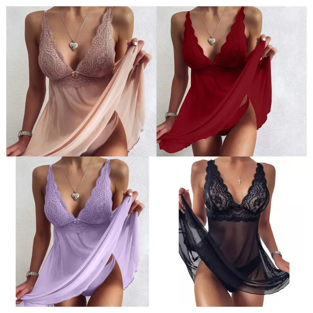 Sexy Hot Naughty Sleepdress Spaghetti Strap Lingerie For Women Transparent Nightdress Solid See Through Underwear Thong Set Plus