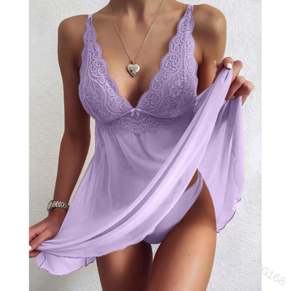 Sexy Hot Naughty Sleepdress Spaghetti Strap Lingerie For Women Transparent Nightdress Solid See Through Underwear Thong Set Plus