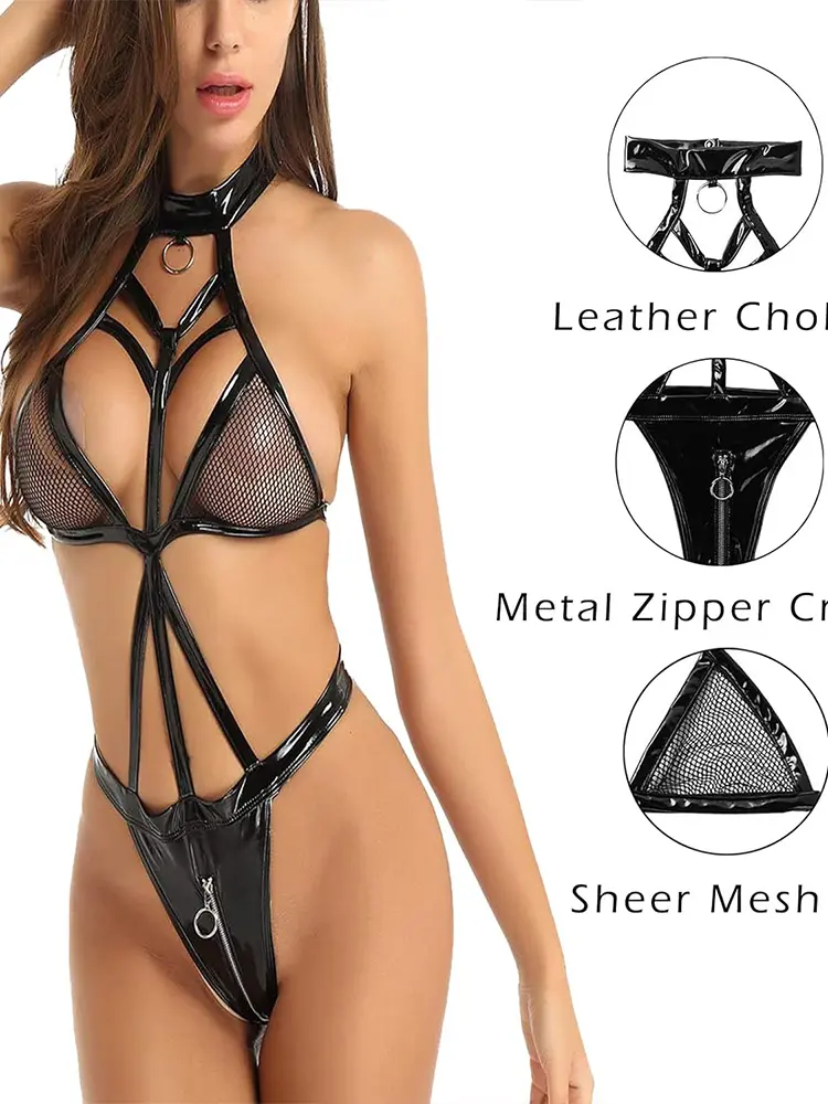 Sexy Lingerie Outfit Leather Backless Zipper Crotch Bodysuit for Women Underwear Erotic Teddies Erotic Apparel Exotic Costumes