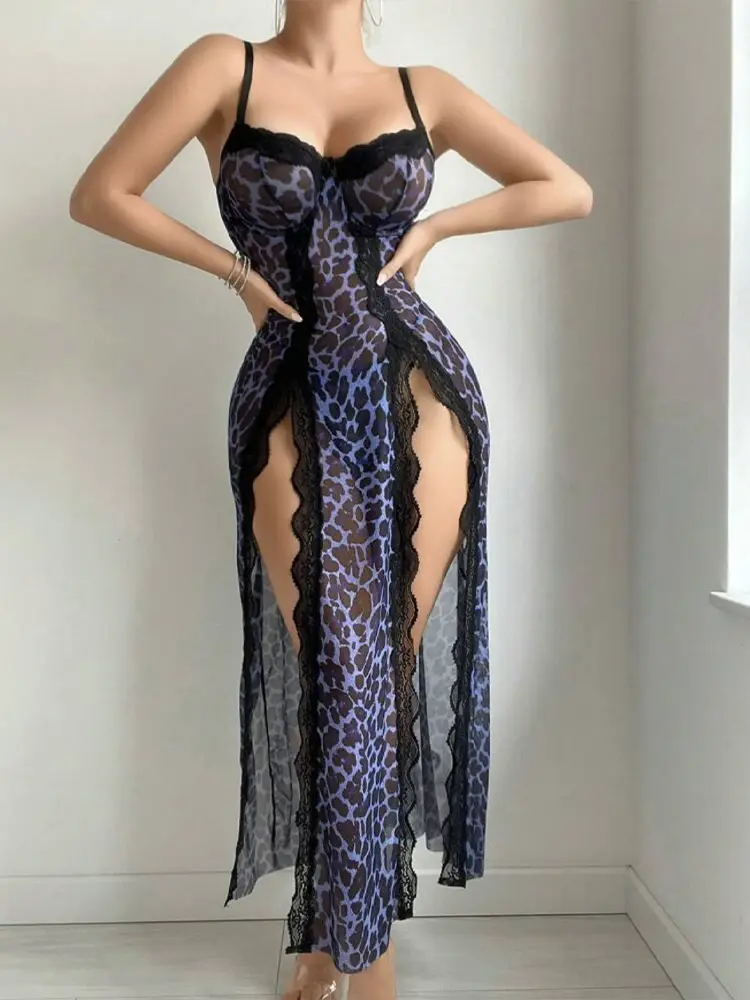 Sexy Adult Lingerie Female V-Neck Nightdress See Through High Split Pajama Dress Leopard Print Sleepwear Lace Trim Evening Dress