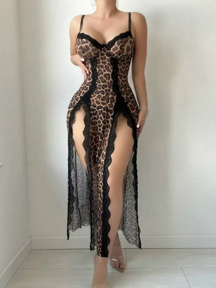 Sexy Adult Lingerie Female V-Neck Nightdress See Through High Split Pajama Dress Leopard Print Sleepwear Lace Trim Evening Dress